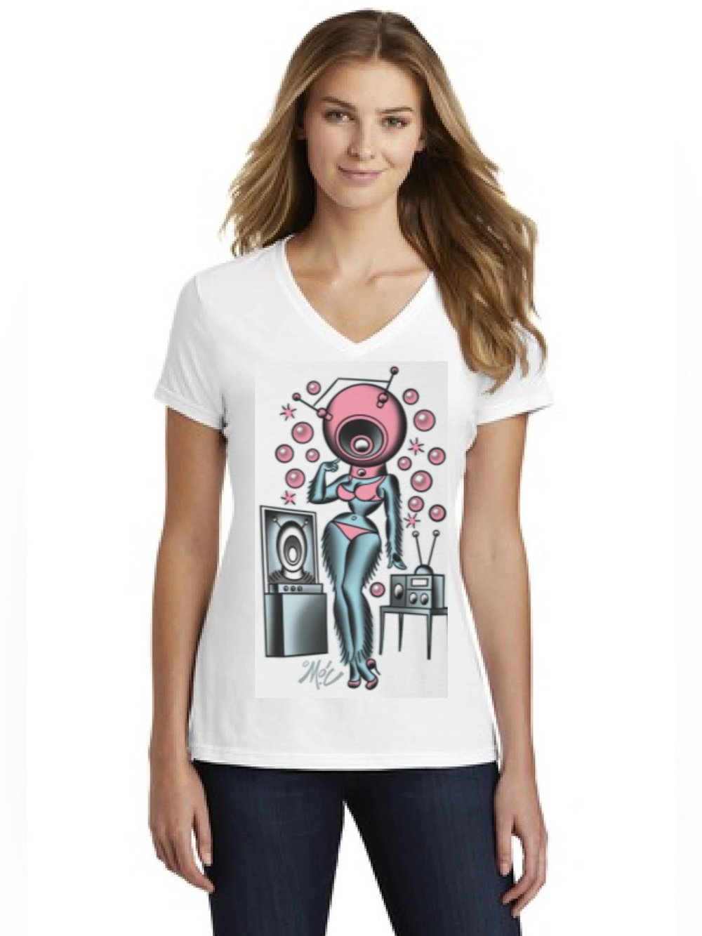 v-neck t-shirt w/ artwork "Robotcutie!"by pop-surrealist artist Mitch O'Connell